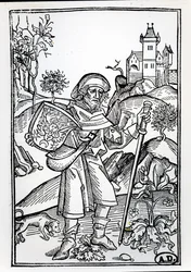 The pilgrim with his dog in front of a castle, frontispiece illustration of the second part of the Opera of Johannes Gerson, published in Basel, 1489